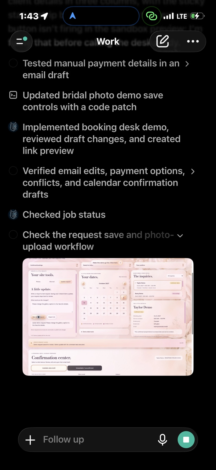 Development screenshot of Codee preparing a bridal booking desk and checking email drafts in ChatGPT