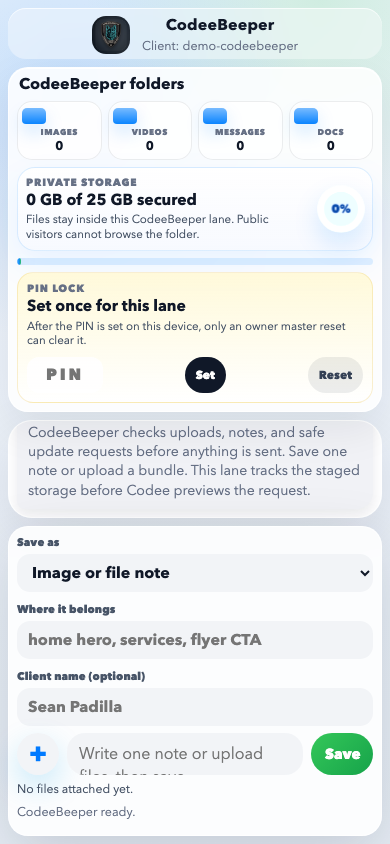 CodeeBeeper upload and save demo shown in an iPhone-style frame