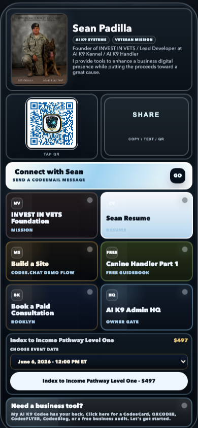 Sean CodeeCard live demo shown in an iPhone-style frame