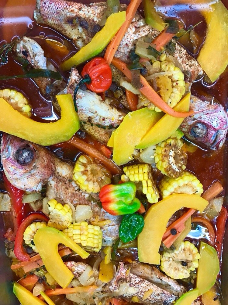 Escovitch fish tray with corn and peppers
