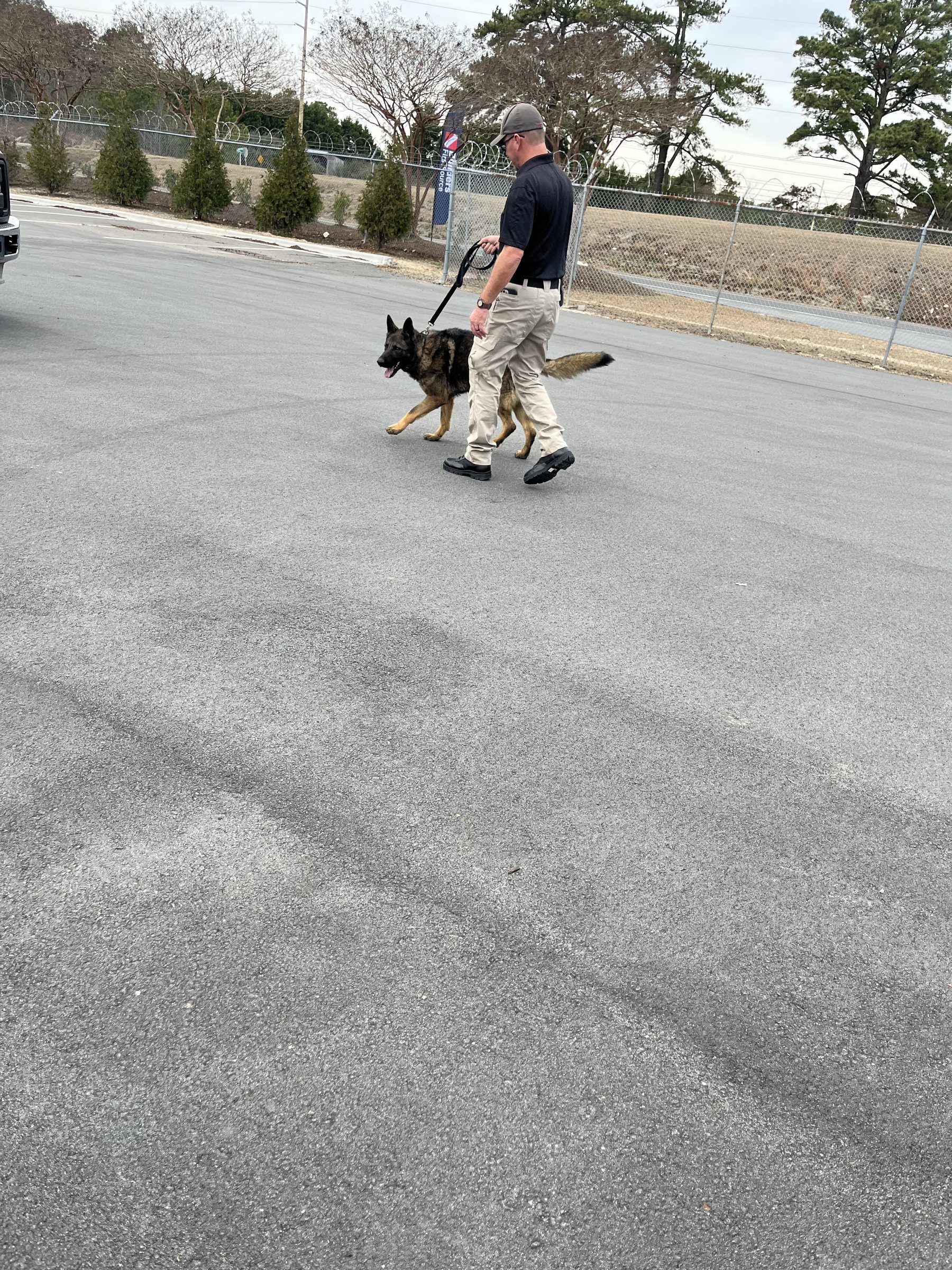 AI K9 handler and working dog on a field road