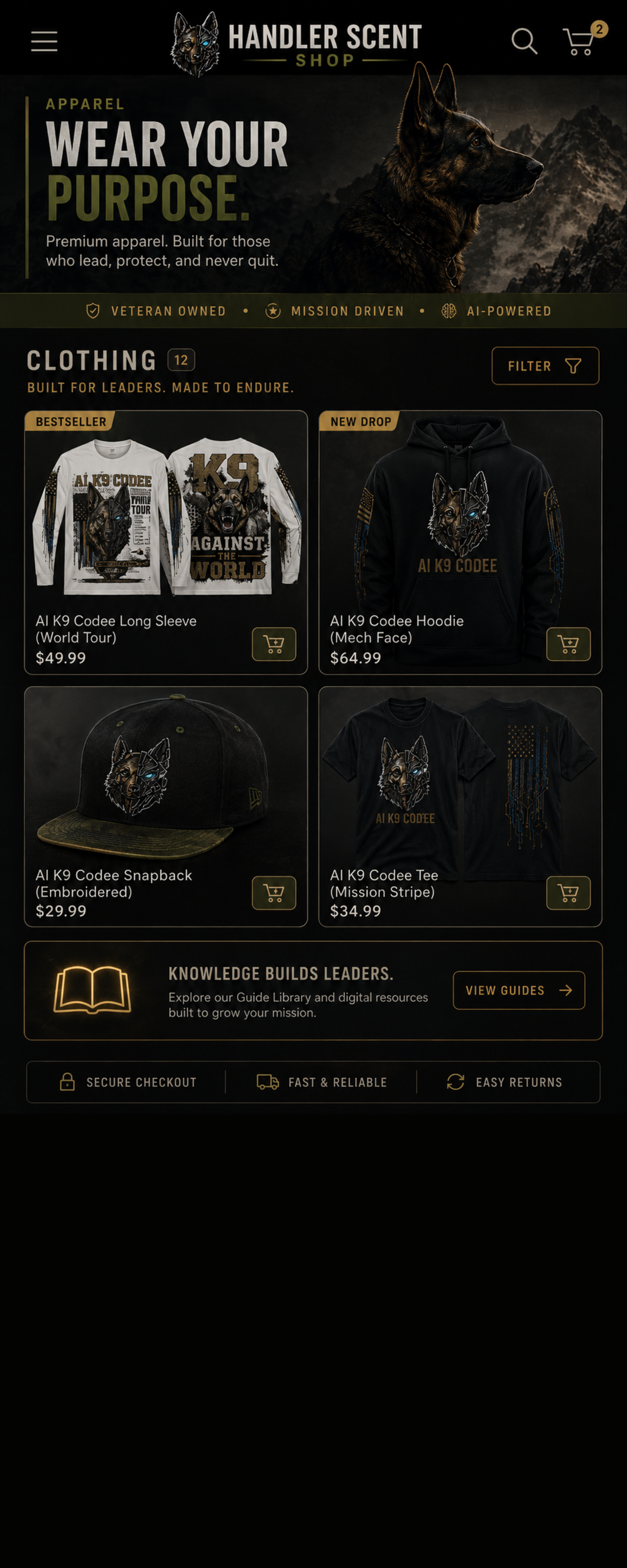 Handler Scent shop mobile storefront with AI K9 apparel product grid